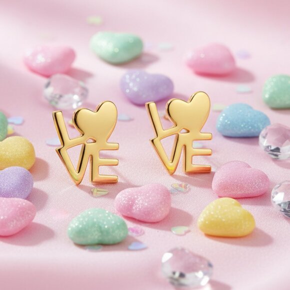 🆕️LOVE Stud Earrings – 18K Gold Plated Stainless Steel | Gift-Ready Elegance 💕 - Picture 1 of 9